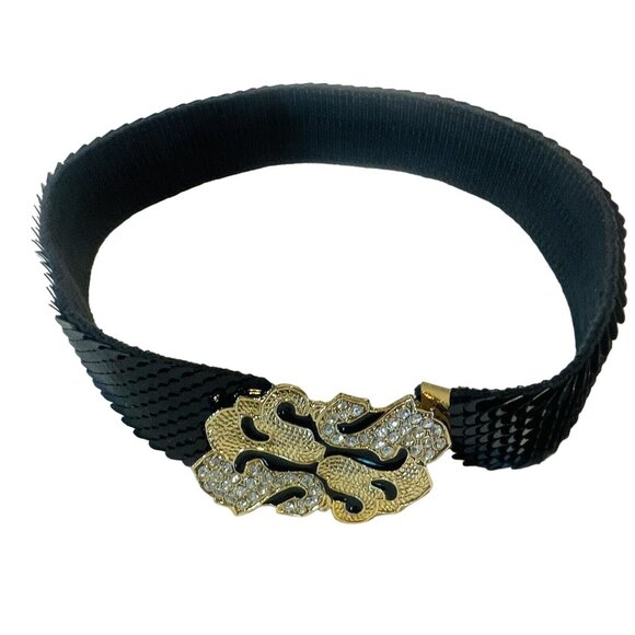 Vintage Gantos S Black Sequence Belt W Gold Bling Buckle Stretch 26” Or Bigger - Picture 13 of 13